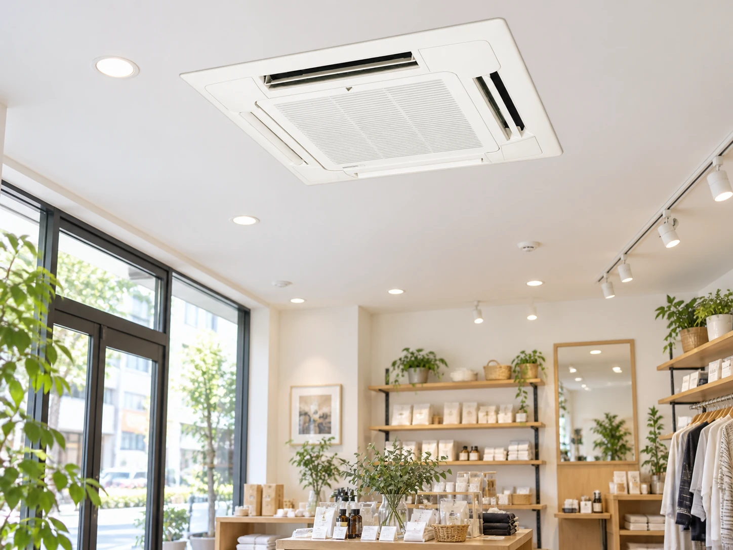 4方向天井カセット型エアコンを店舗に設置したイメージ