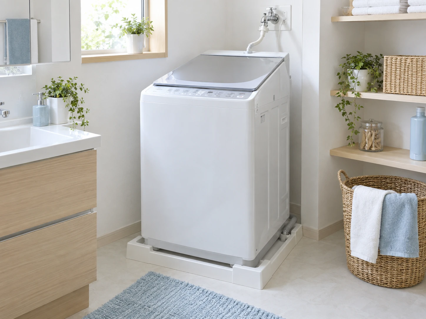 縦型（乾燥機能付き）の洗濯機を明るい住宅に設置したイメージ