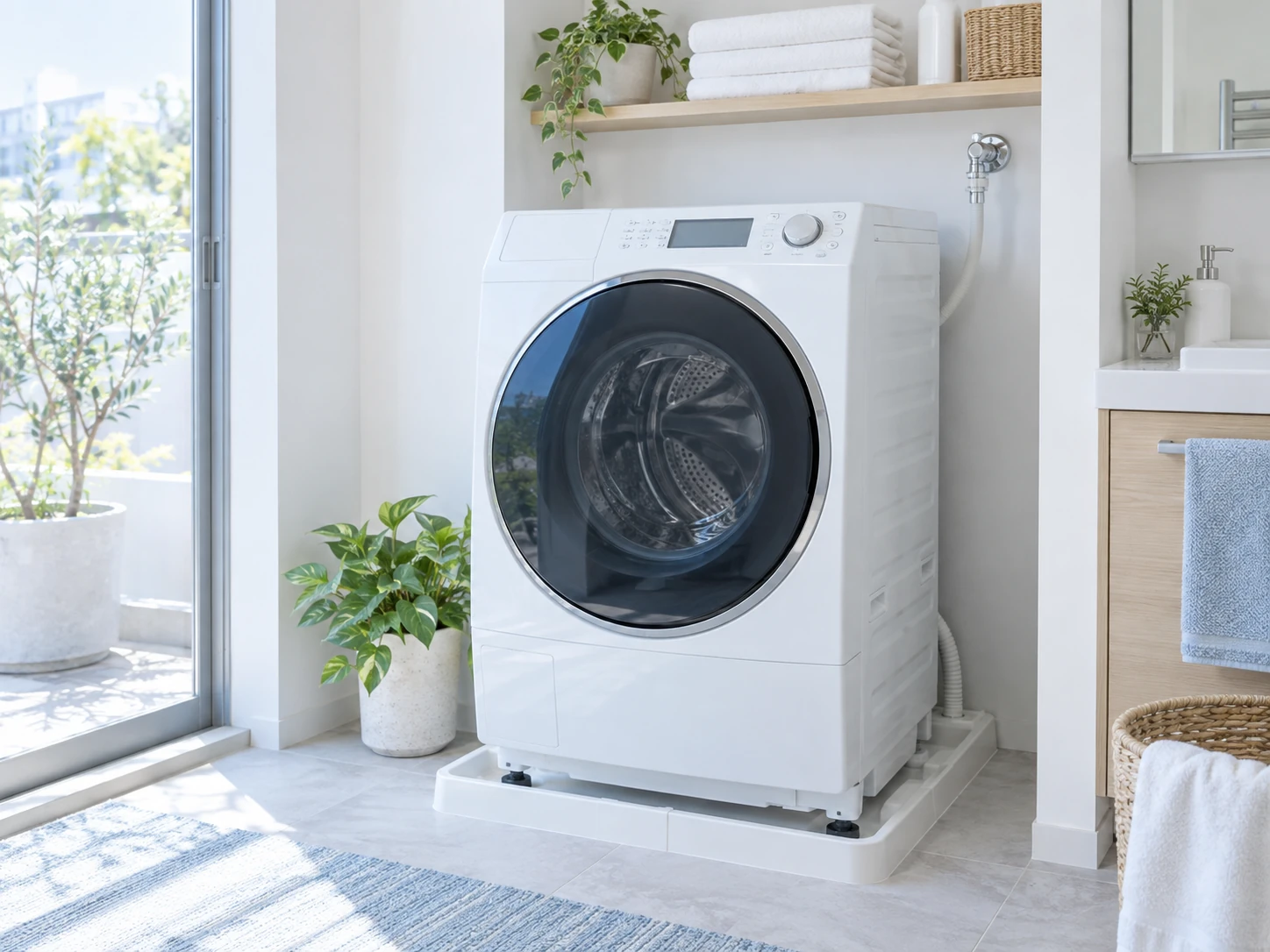 ドラム式・縦型（乾燥機能なし）の洗濯機を明るい住宅に設置したイメージ
